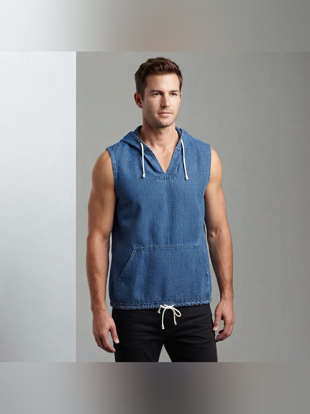 California Rush Vintage Y2K Sleeveless Denim Chambray Hooded Top Mens Size 40 M